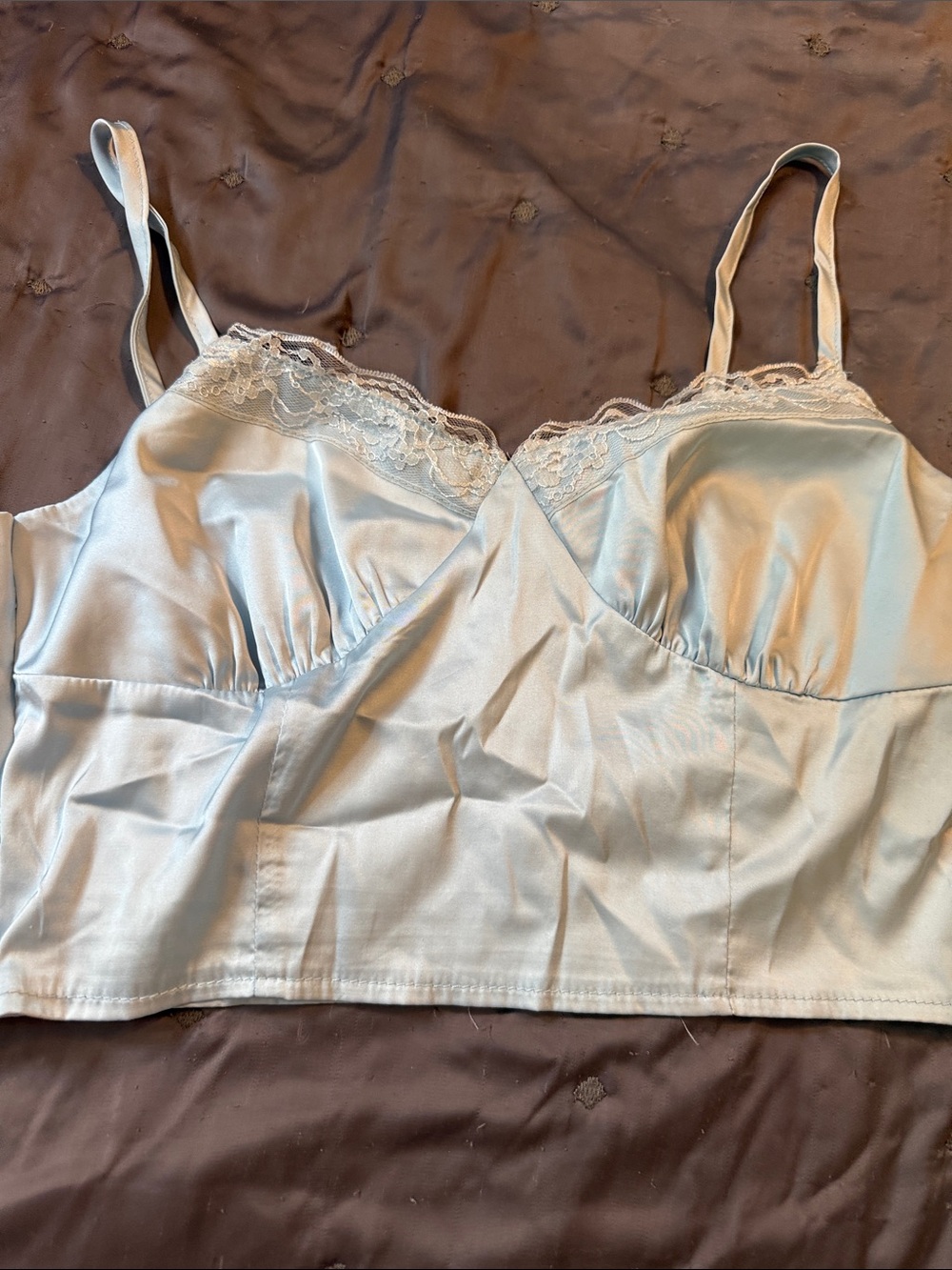 Satin Lace-Trim Longline Camisole — Light Blue